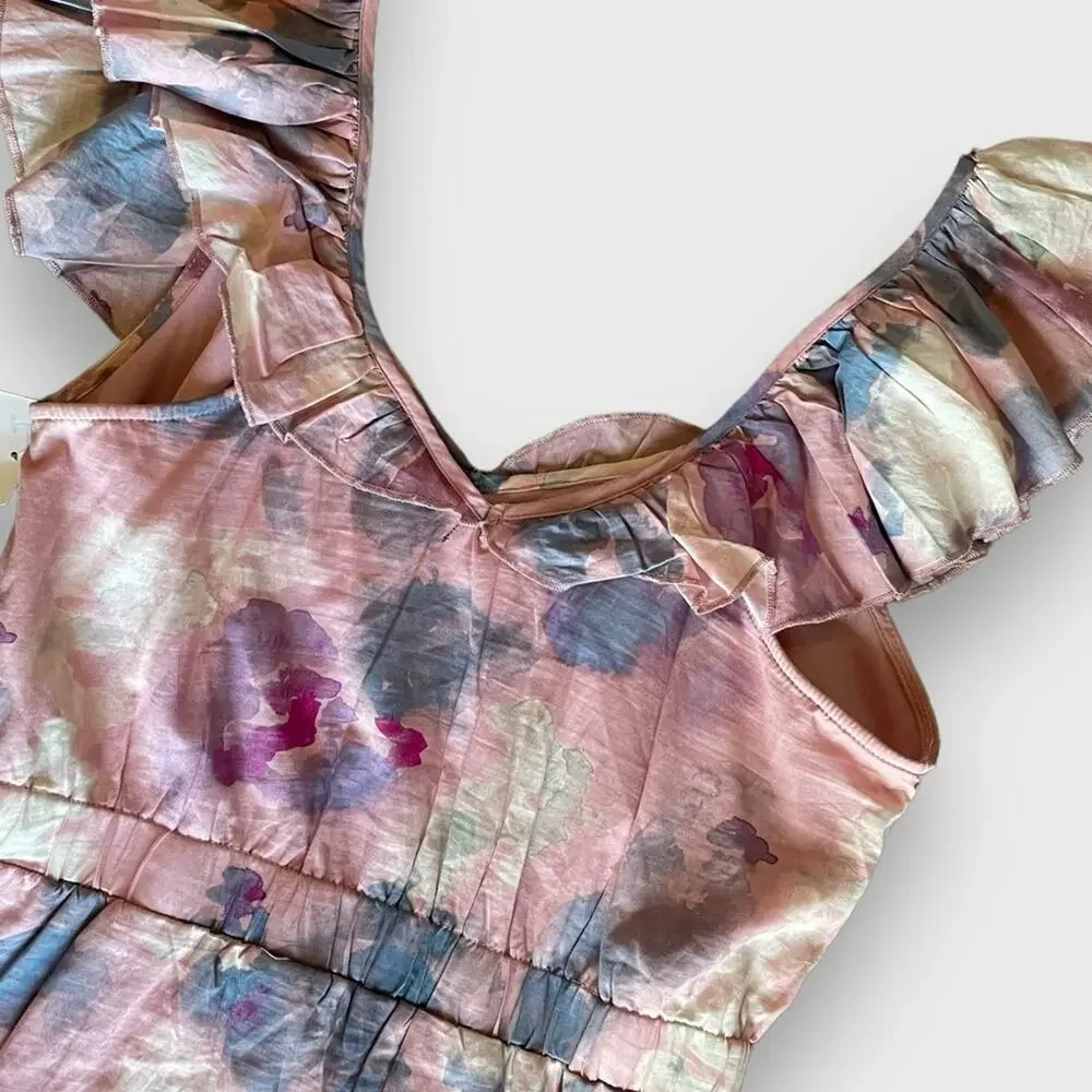Wildfox NWOT Blair Deep V Ruffle Soft Abstract Watercolor Dress - M - Picture 8 of 12